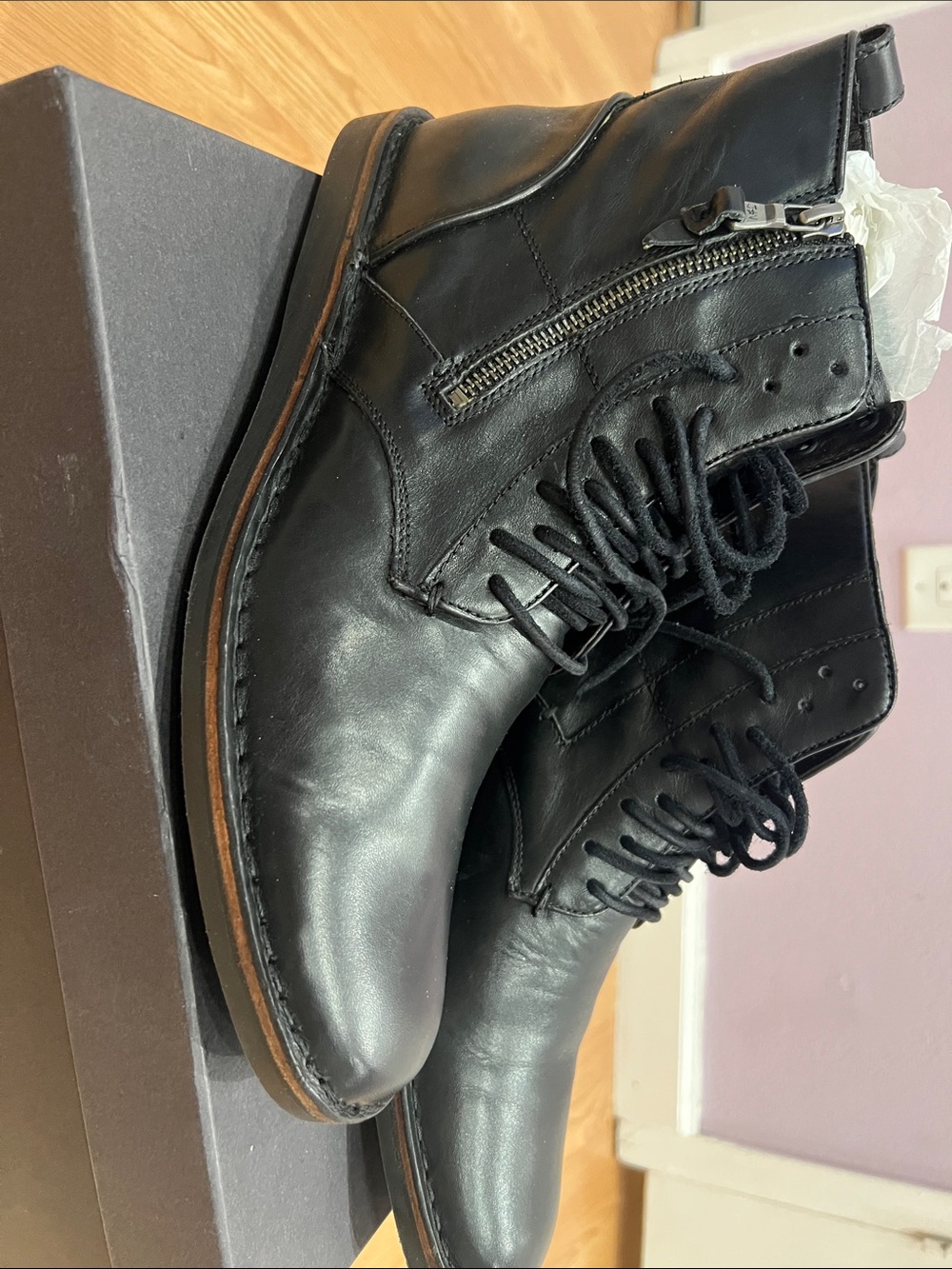 John Varvatos Black Lace-Up Leather Boots with Side Zip